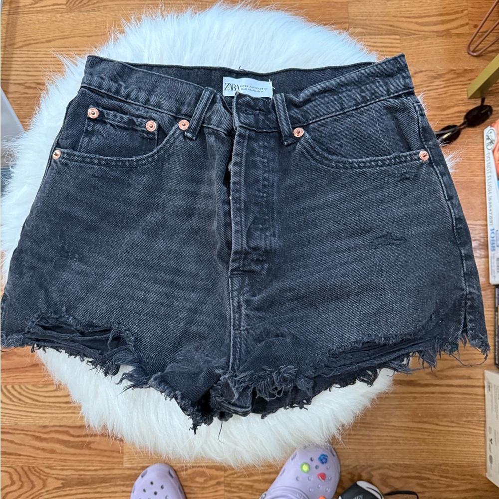 Zara Washed Black Distressed Denim Cutoff Shorts